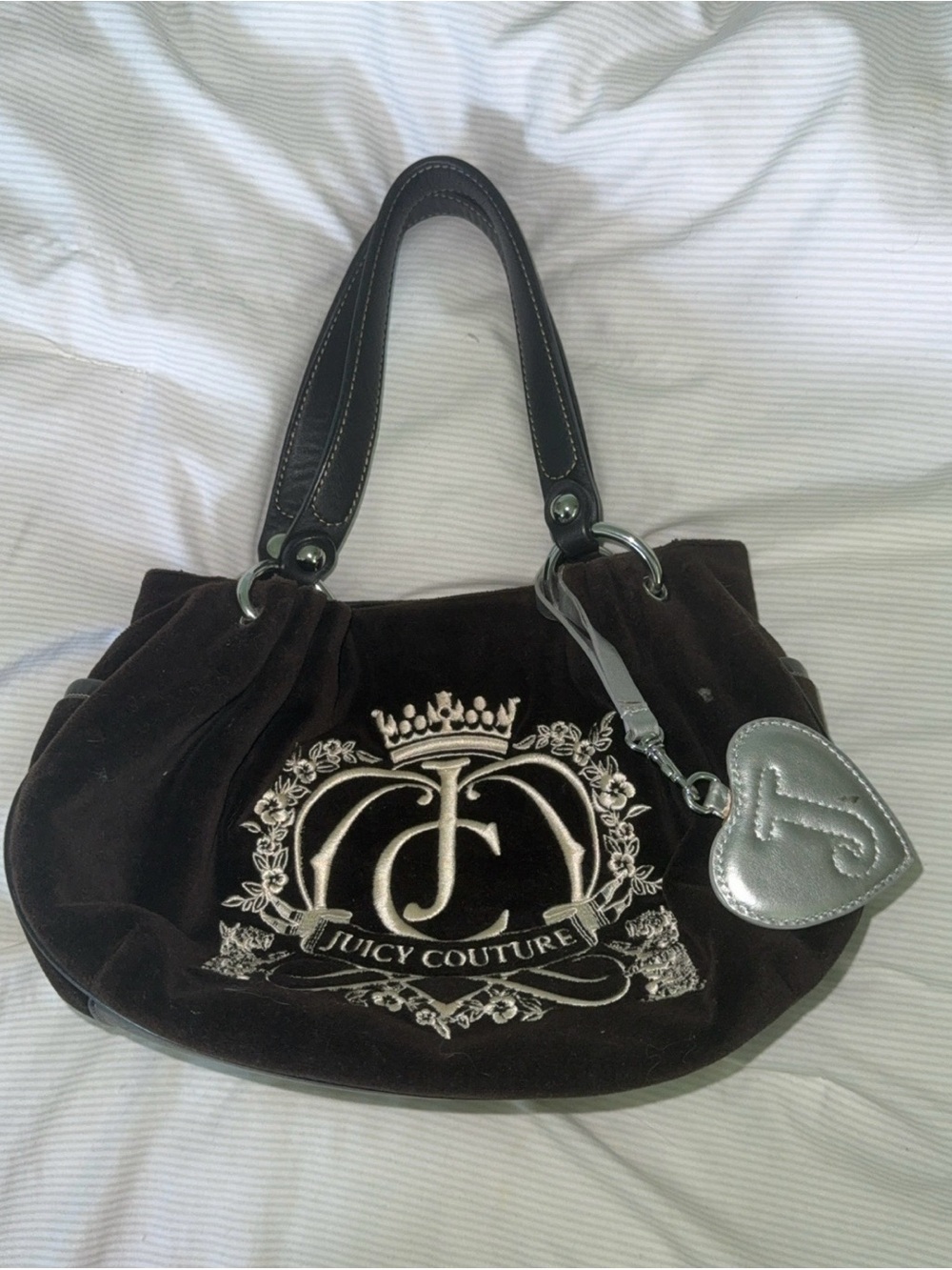 Juicy Couture Dark Brown Velvet Shoulder Bag with Silver Heart Charm